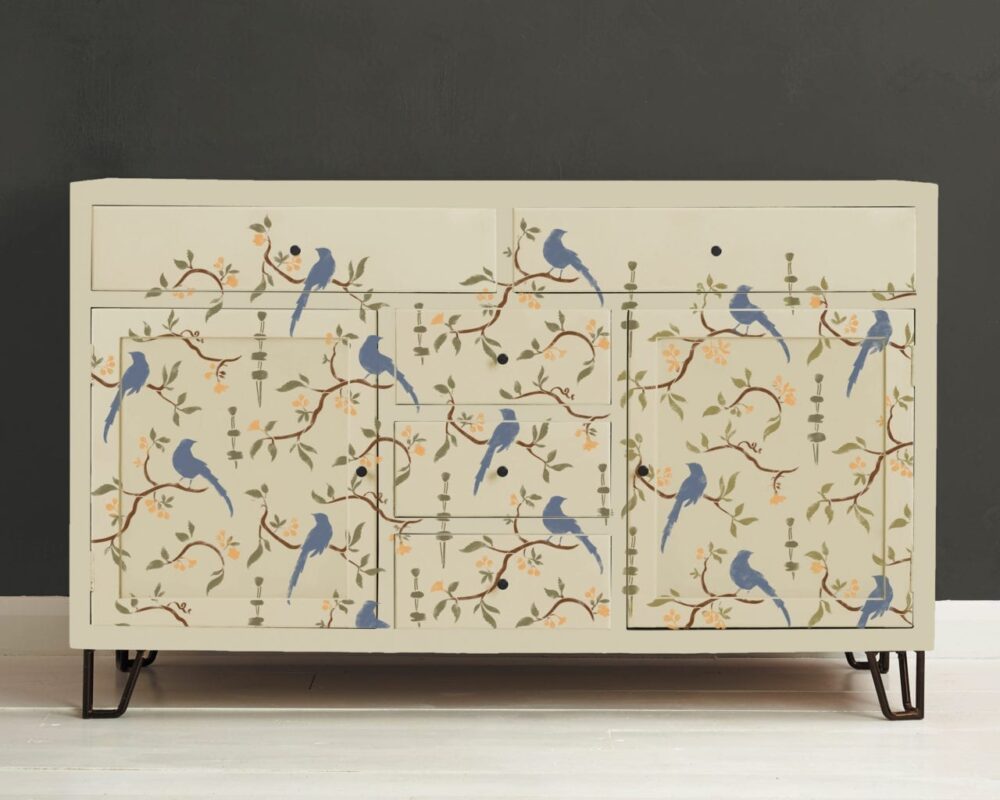 Chinoiserie Birds Annie Sloan Stencil furniture Old Ochre and Graphite 2500 - Marianthi Karta